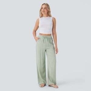 HALARA Linen -Feel Drawstring High Waist Wide-Leg Pale Mint Pants Women’s M L